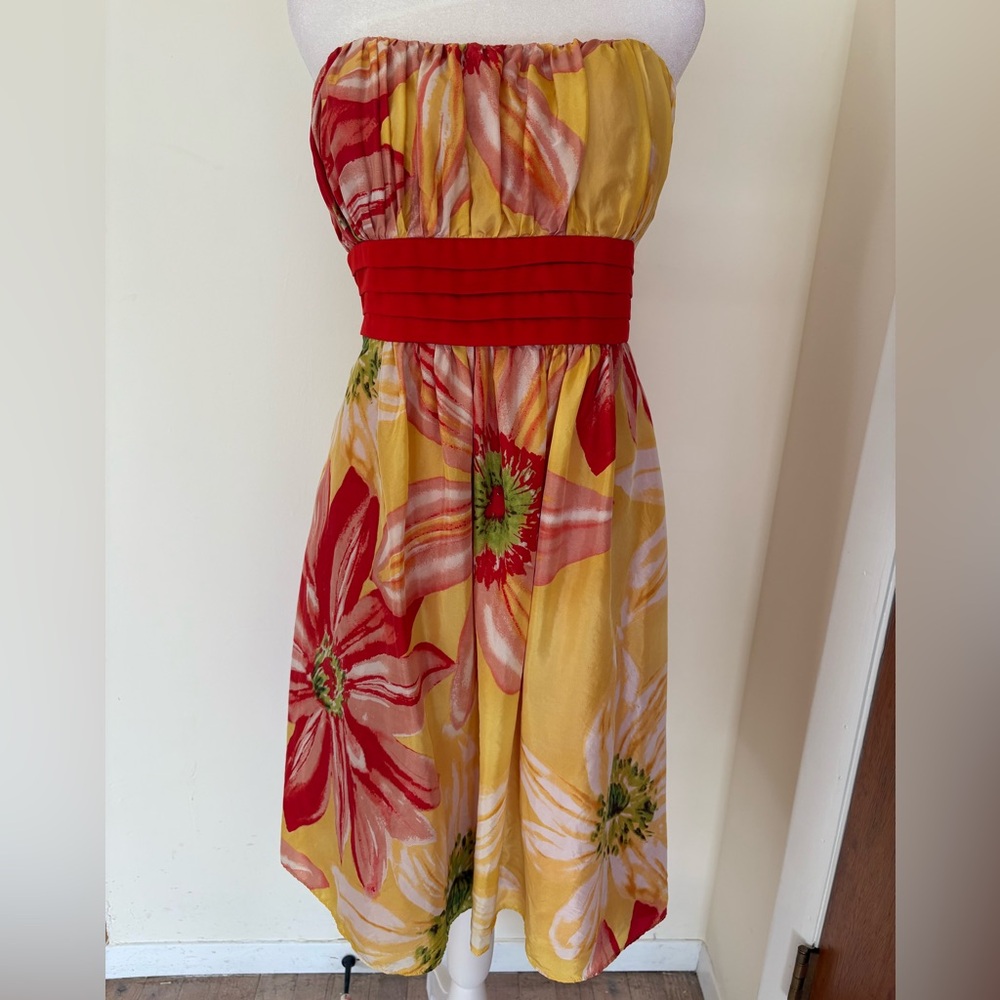 BCBG Silk Yellow Red Floral Strapless Mini Dress Size 12